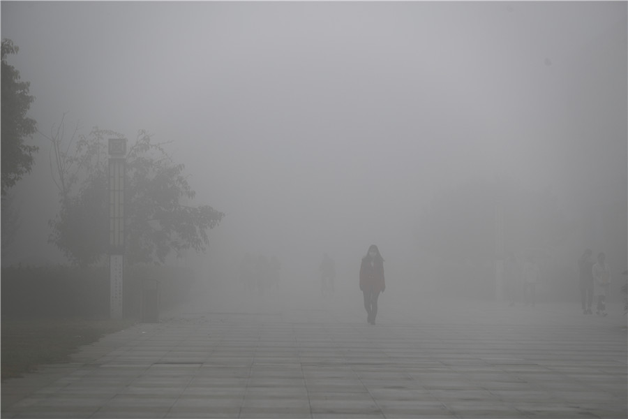 11月13日拍摄的大雾中的郑州某高校。（郭浩 摄）